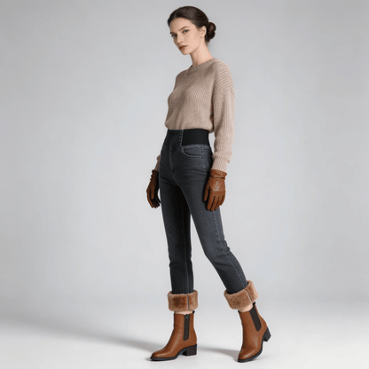 Calça Jeans Feminina Montaria Peluciada Forglows + Meia Térmica