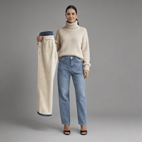 Calça Jeans Wide Leg Feminina Peluciada Forglows + Meia Térmica
