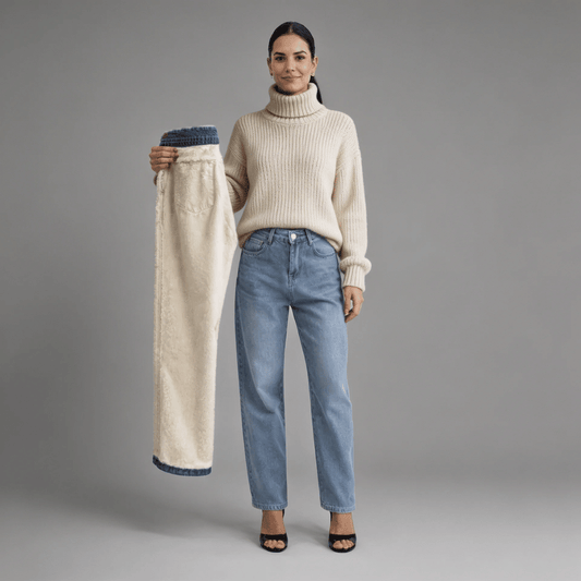 Calça Jeans Wide Leg Feminina Peluciada Forglows + Meia Térmica