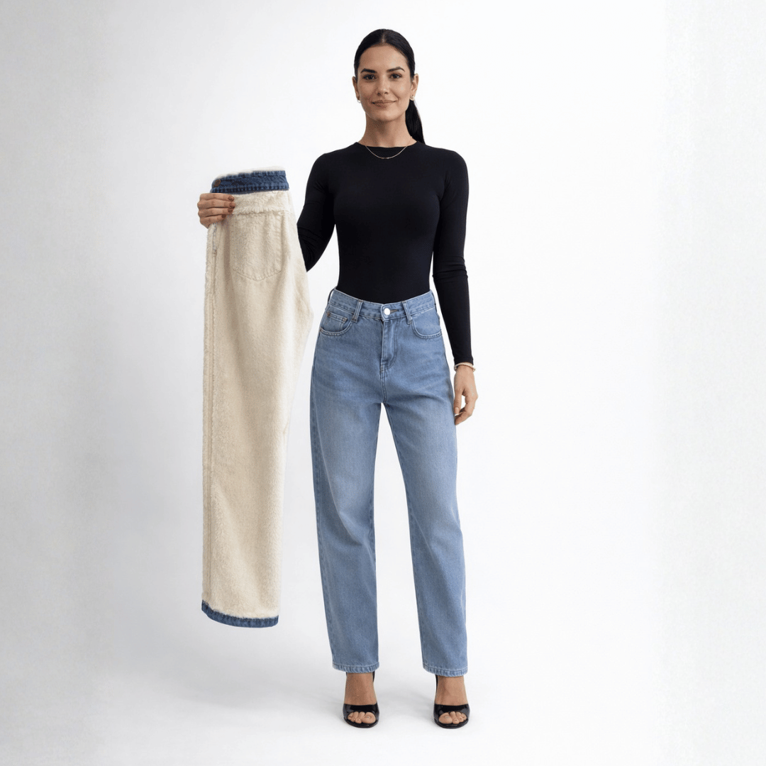 Calça Jeans Wide Leg Feminina Peluciada Forglows + Meia Térmica