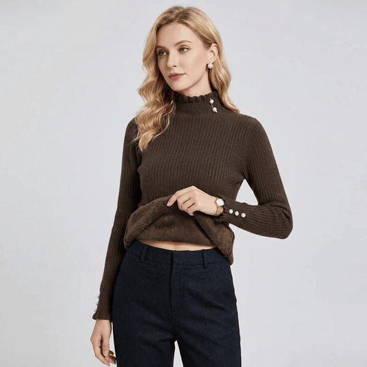 Suéter Feminino Cashmere Canelado com Botões Perolados Forglows